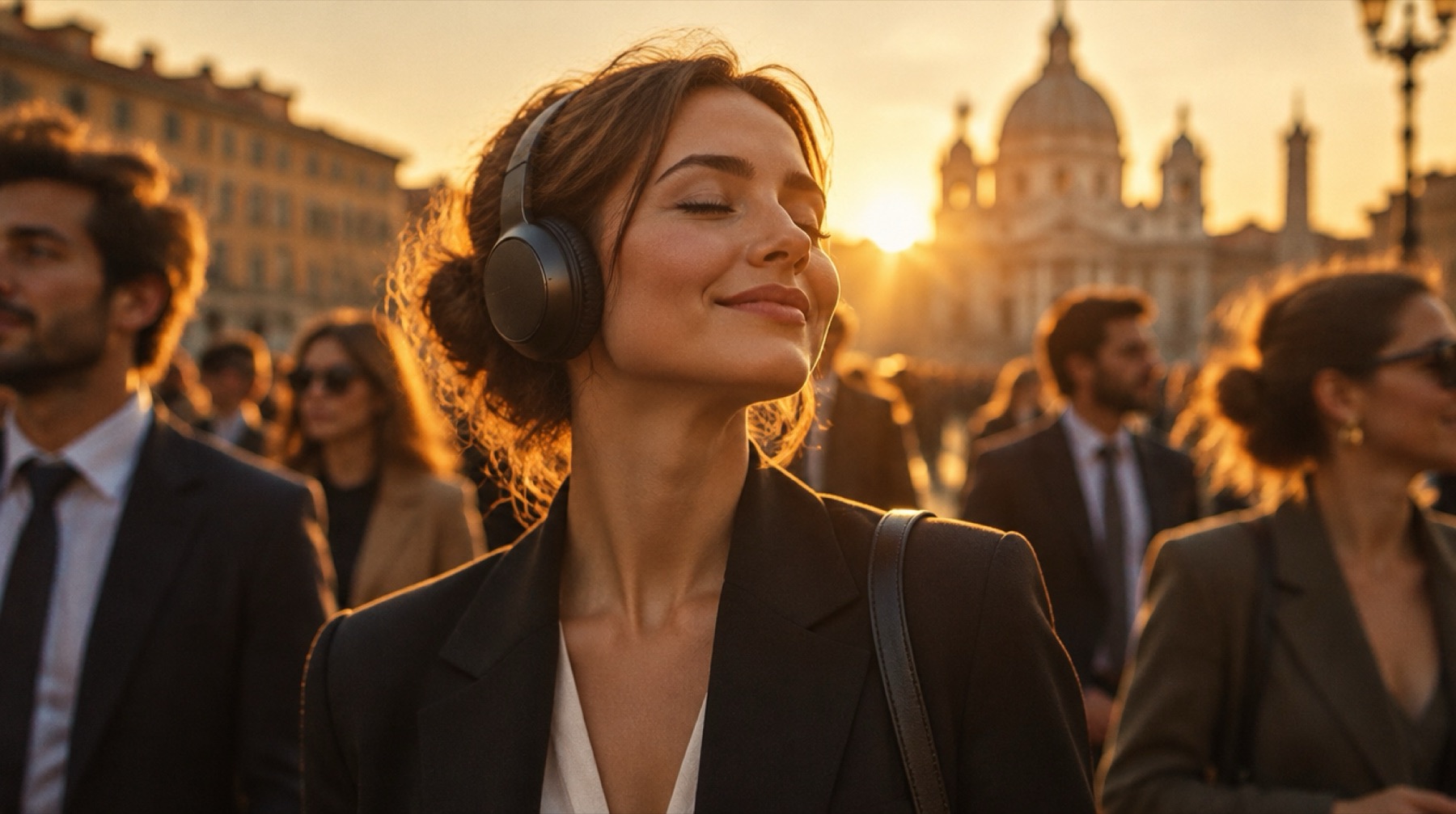 A woman with over-ear headphones, eyes closed and smiling, among a crowd at golden hour