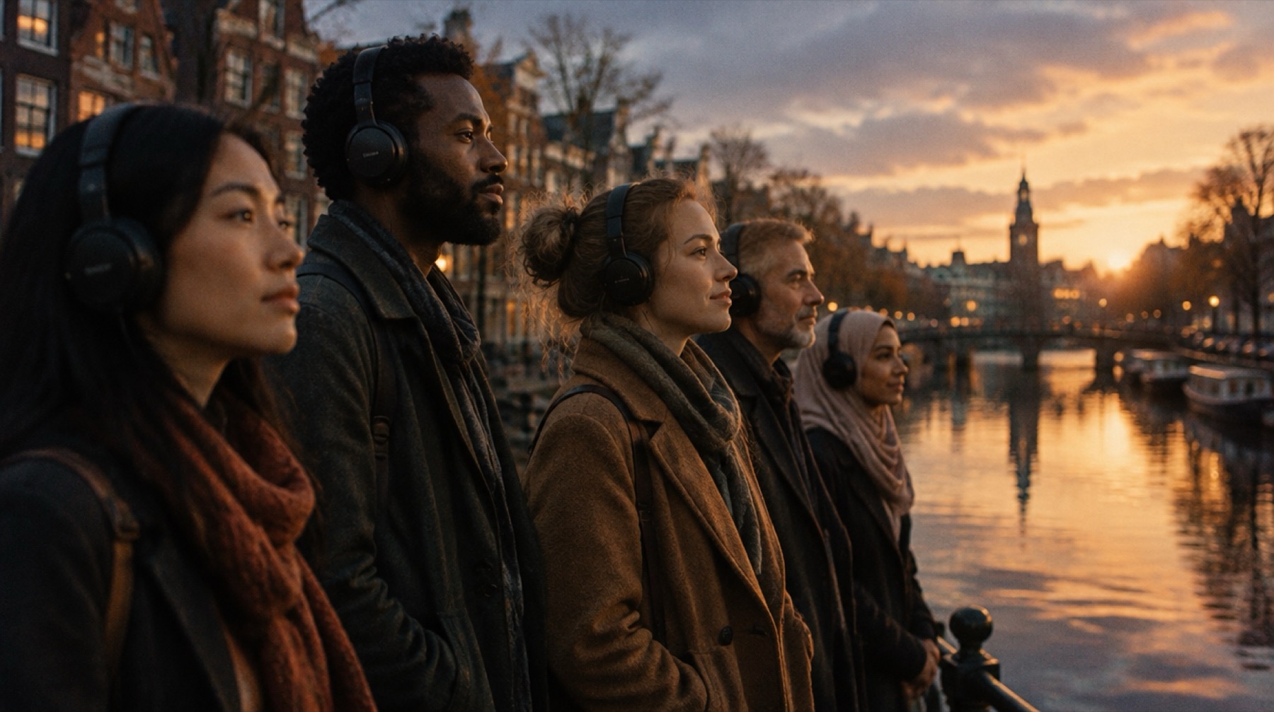 International colleagues with headphones along an Amsterdam canal at dusk