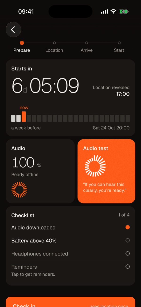 The prepare screen with a countdown, audio downloaded at 100 percent and an orange audio test card